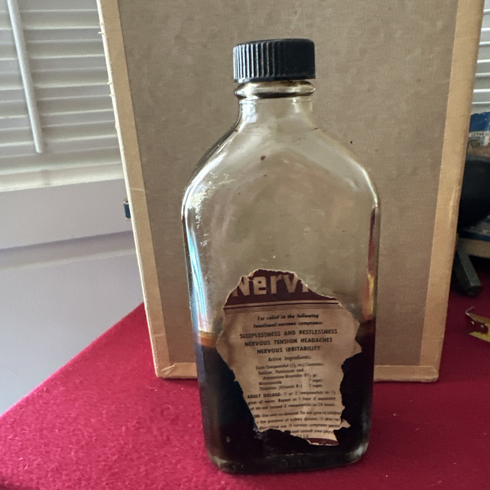 VTG GLASS MEDICINE BOTTLE Nerve Headache Tension Medication 6.50” Paper Label