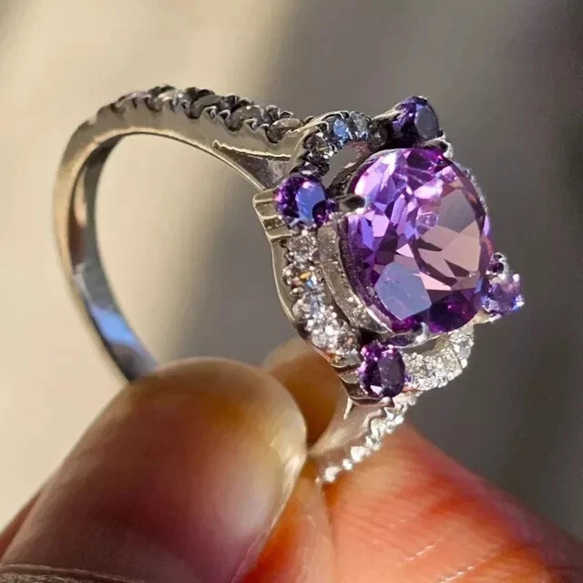 Lab-Created Amethyst Diamond 2Ct Round Women’s Halo Ring 14K White Gold Plated
