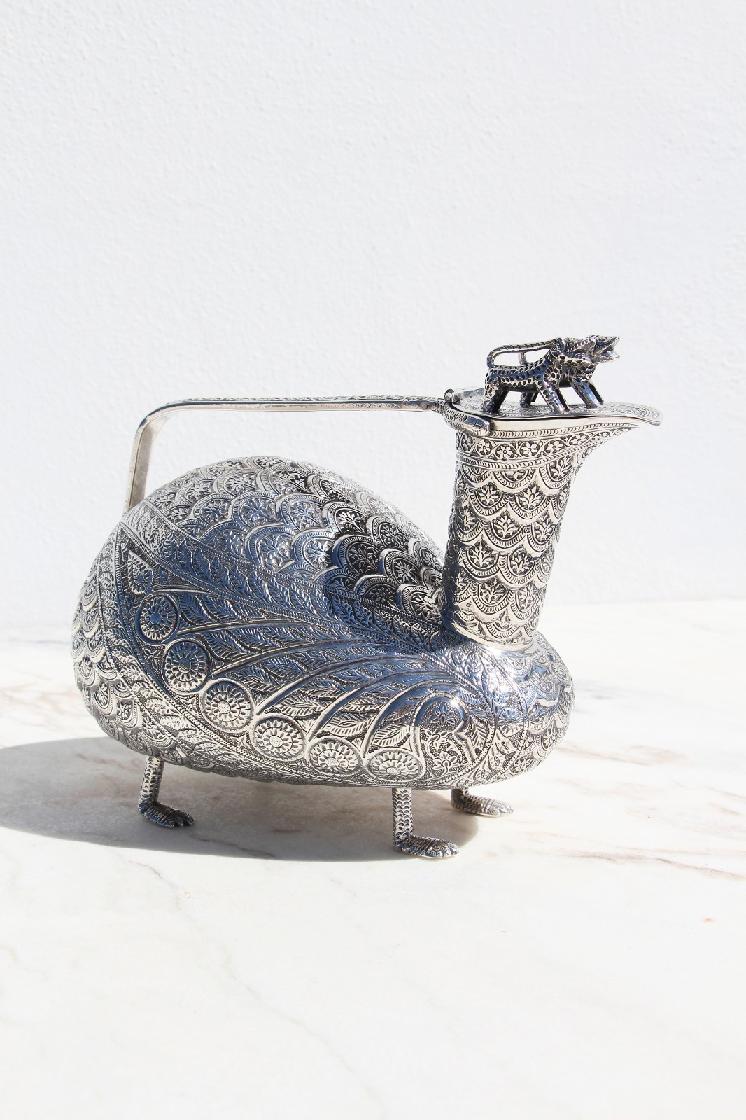 Antique Solid Silver Zoomorphic Covered Jug, Kashmir, India, 19th Century