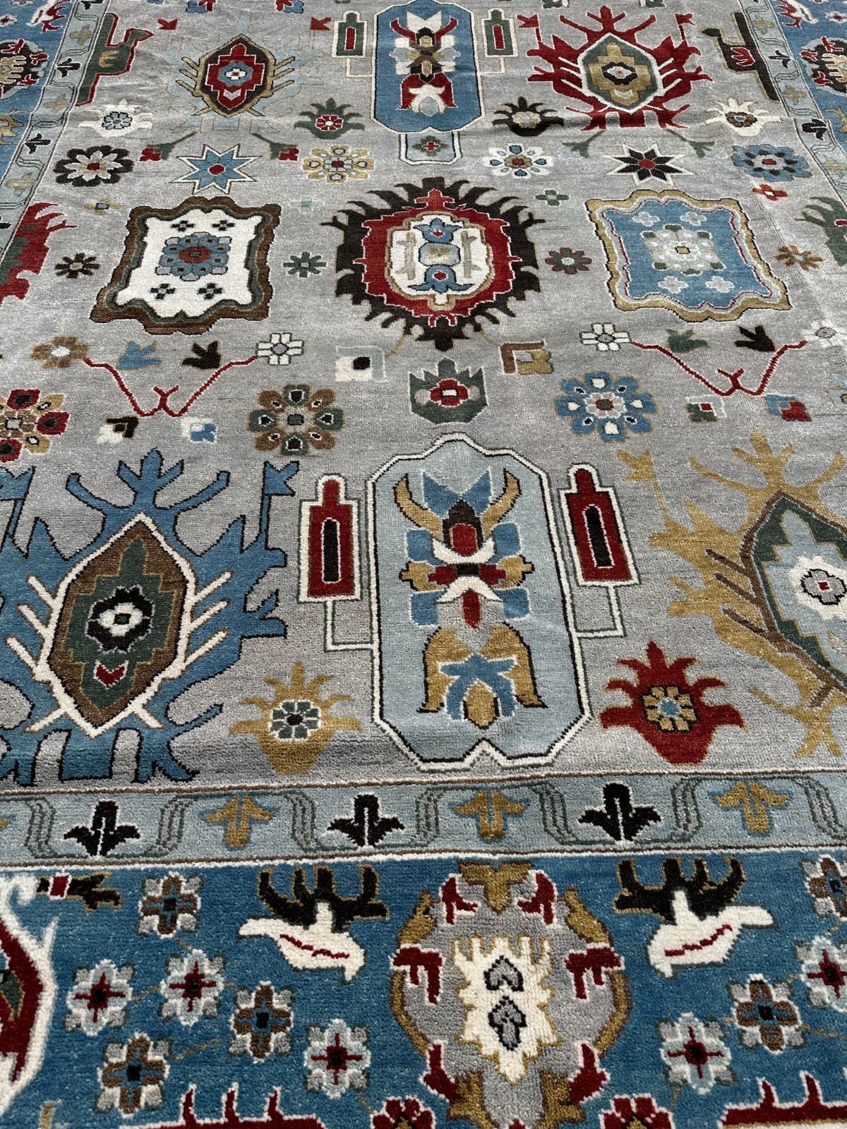 Brand New Modern Handmade Blue & Gray Oushak, Fine Quality, Soft Pile, 12’x15′