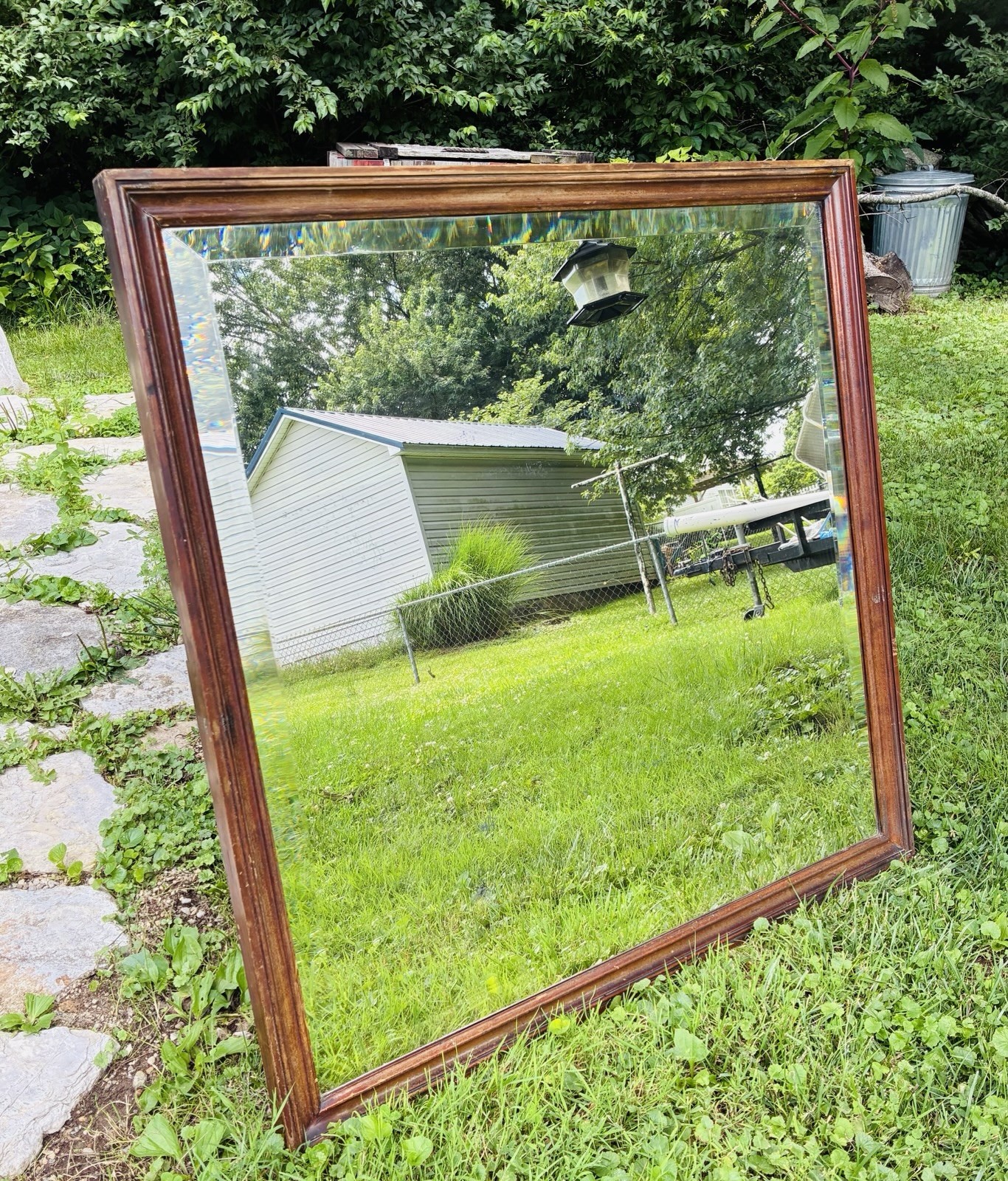 Vintage Antique Old Wood Square Frame 37×37 Large 1 1/2 in Beveled Patina Mirror