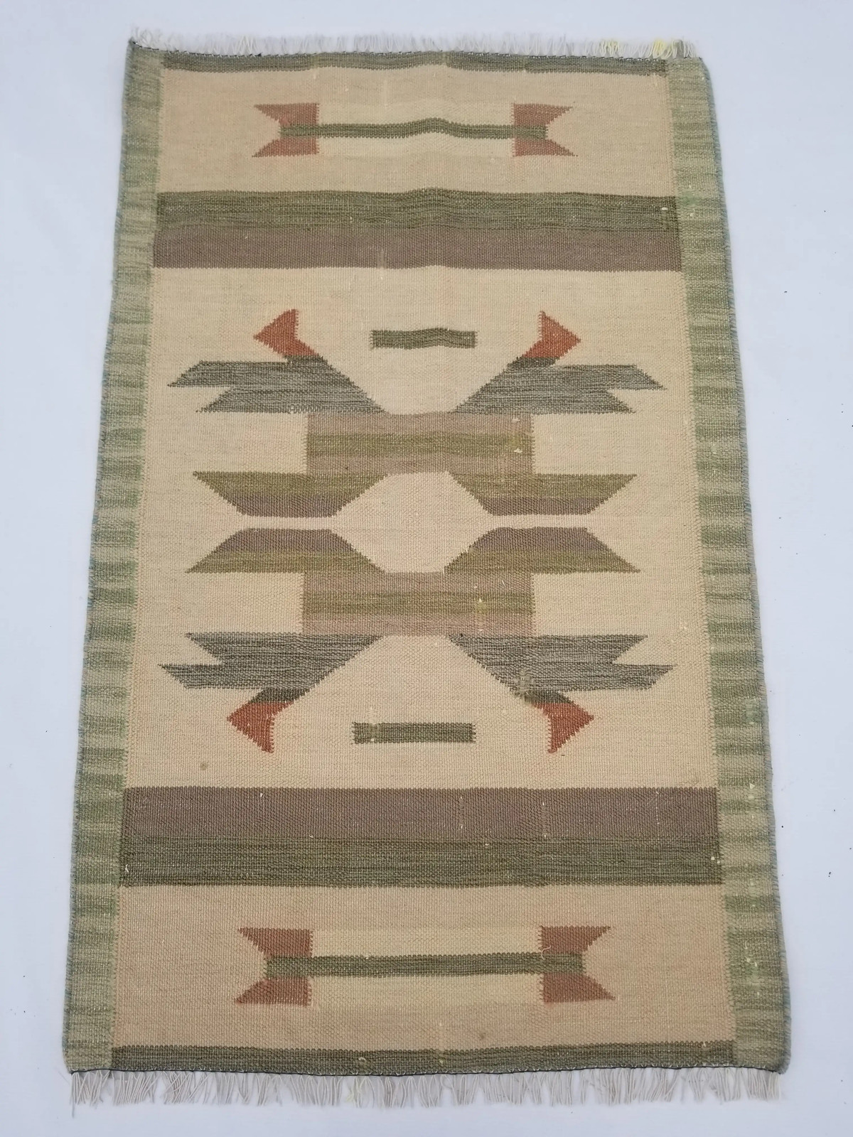 Vintage Handmade Traditional Geometric Green Beige Kilim Rug Carpet 3.4×2.2ft