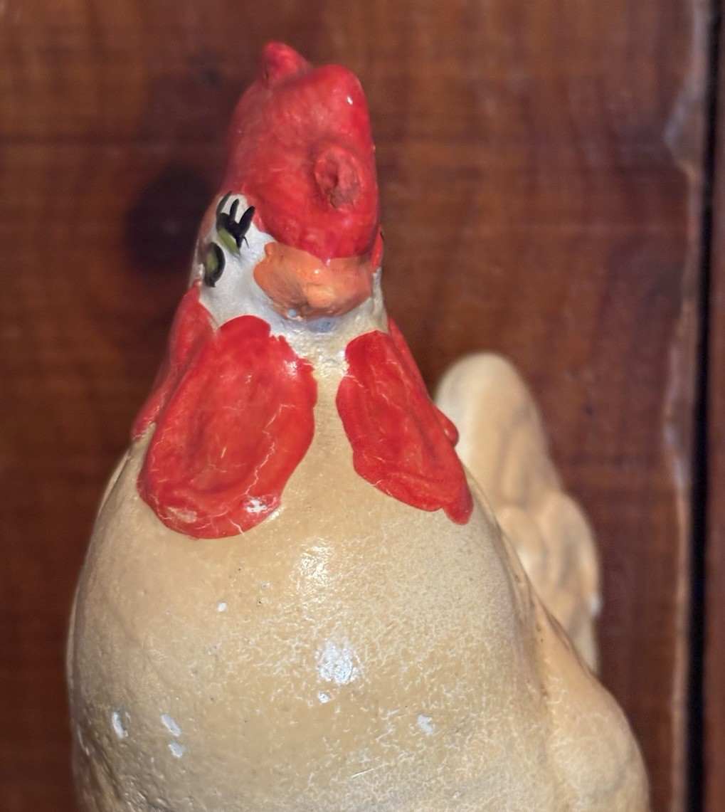 Large Antique Primitive Chalkware Chicken Figurine & Toy Wood Block AAFA