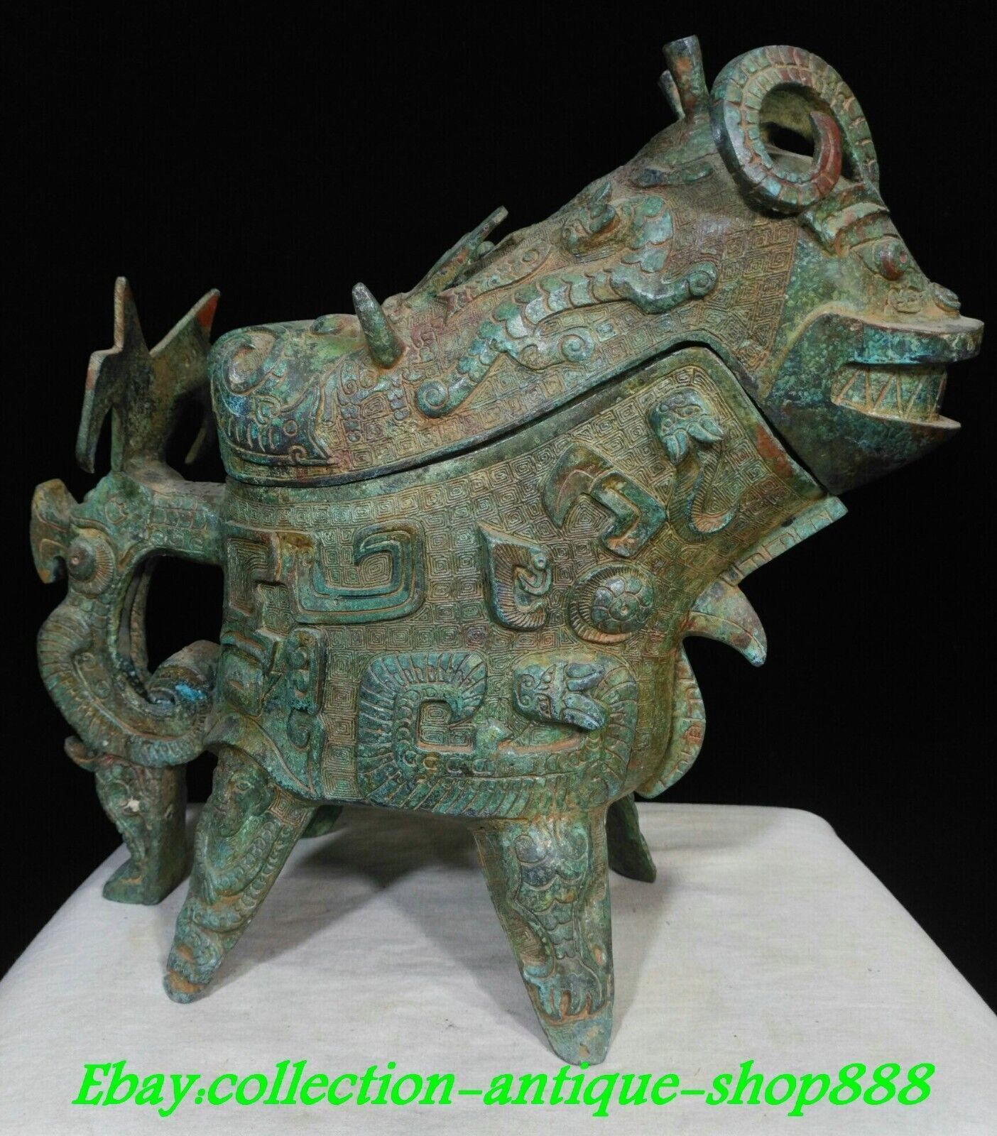 10.6″ Old China Western Zhou Dynasty Bronze Ware sheep Beast Head Pot Jar Crock