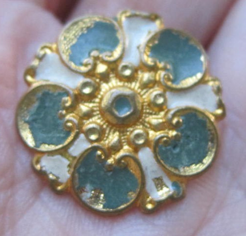 Antique 1800’s Teal and White Enamel On Brass Button