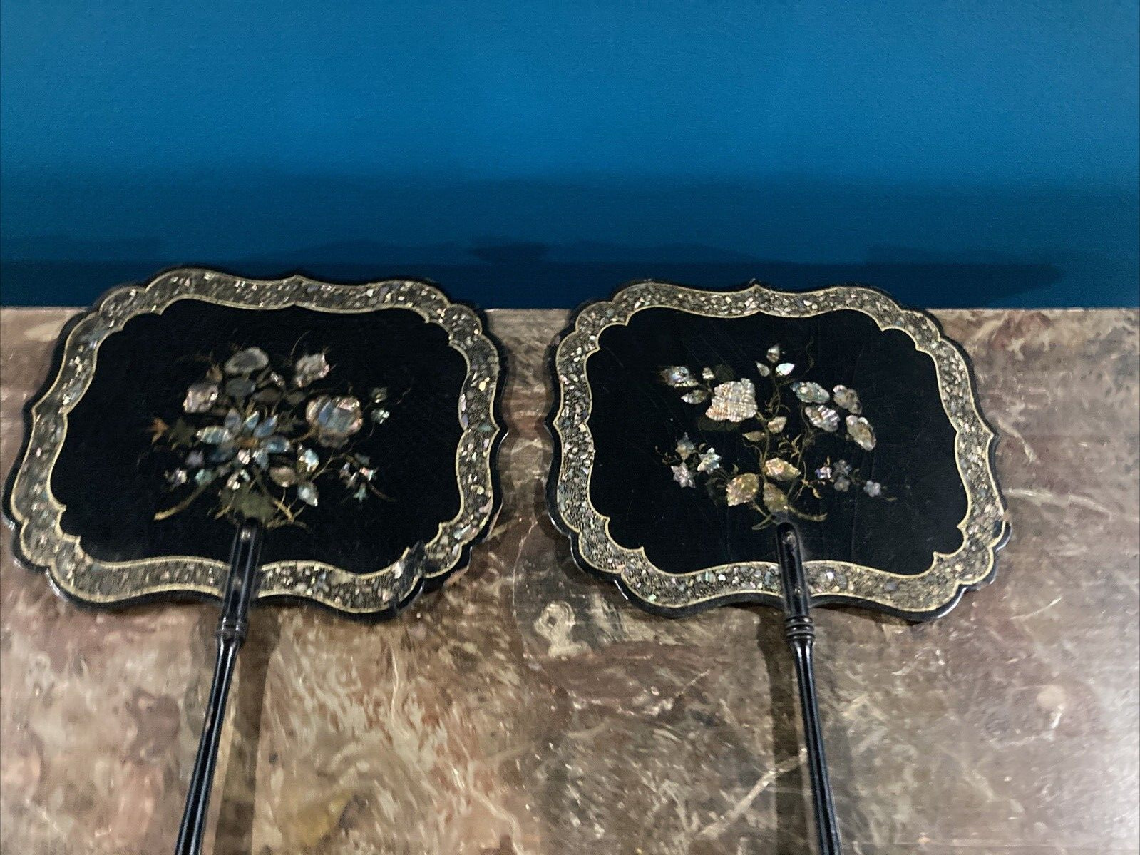 Elegant Pair (2) Antique Victorian Era Papier Mache Face Screens