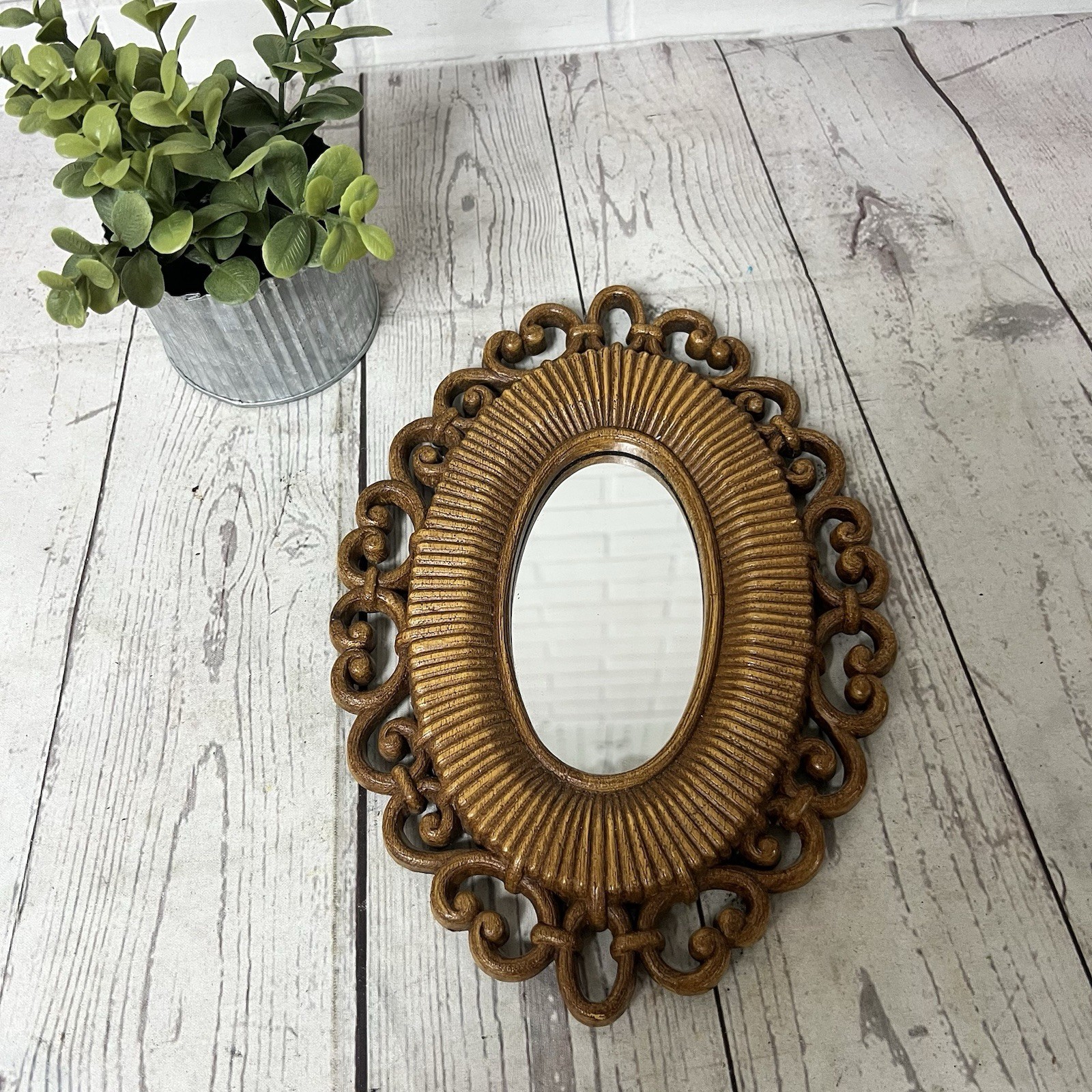 Vintage HOMCO Oval Mirror Wall Decor Brown Plastic Faux Wicker USA 9.5×7” Small