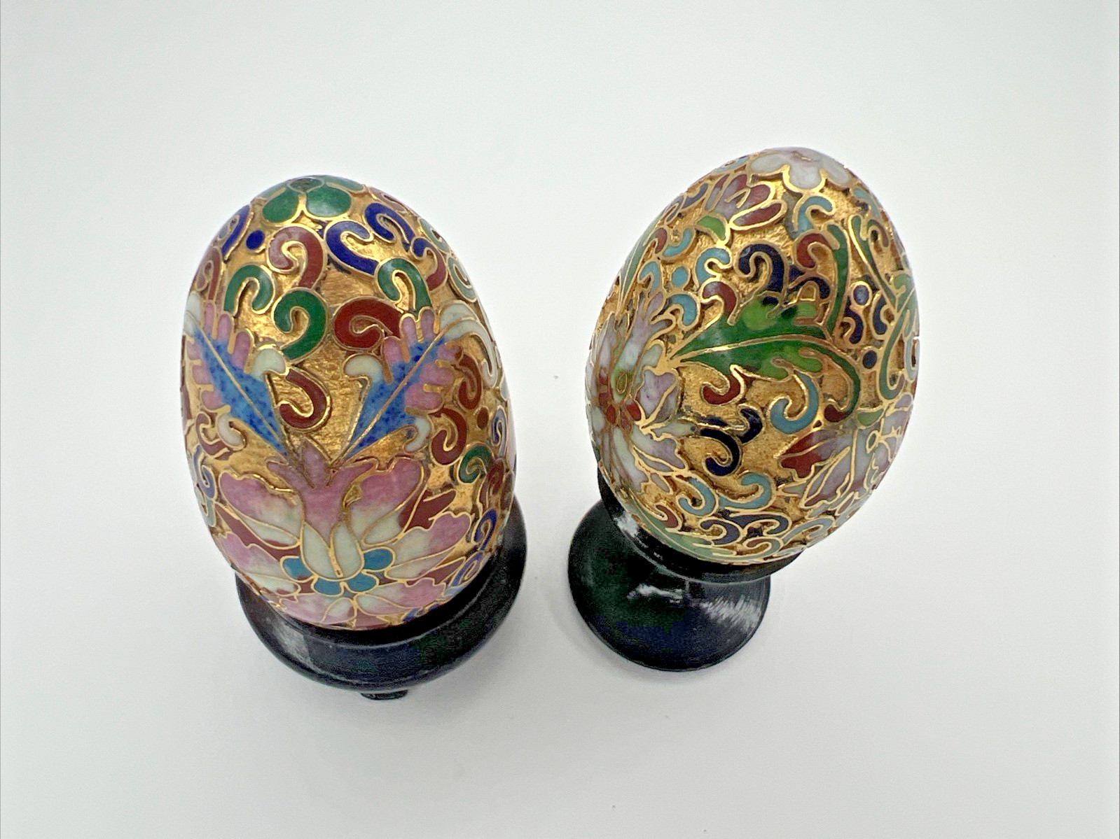 Vintage Art Deco Chinese Cloisonné Egg gold-tone Floral Enamel Decoration 1940