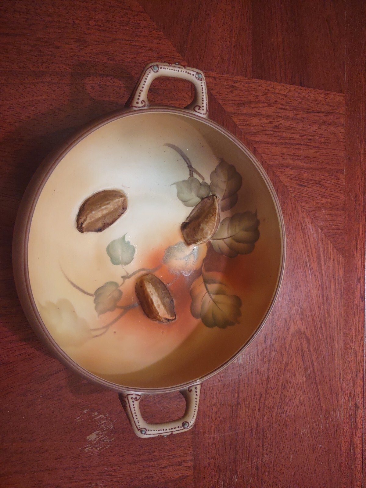 Antique Nippon Chestnut Bowl 7″ Hand Painted Raised Relief Handled Bowl Excellen