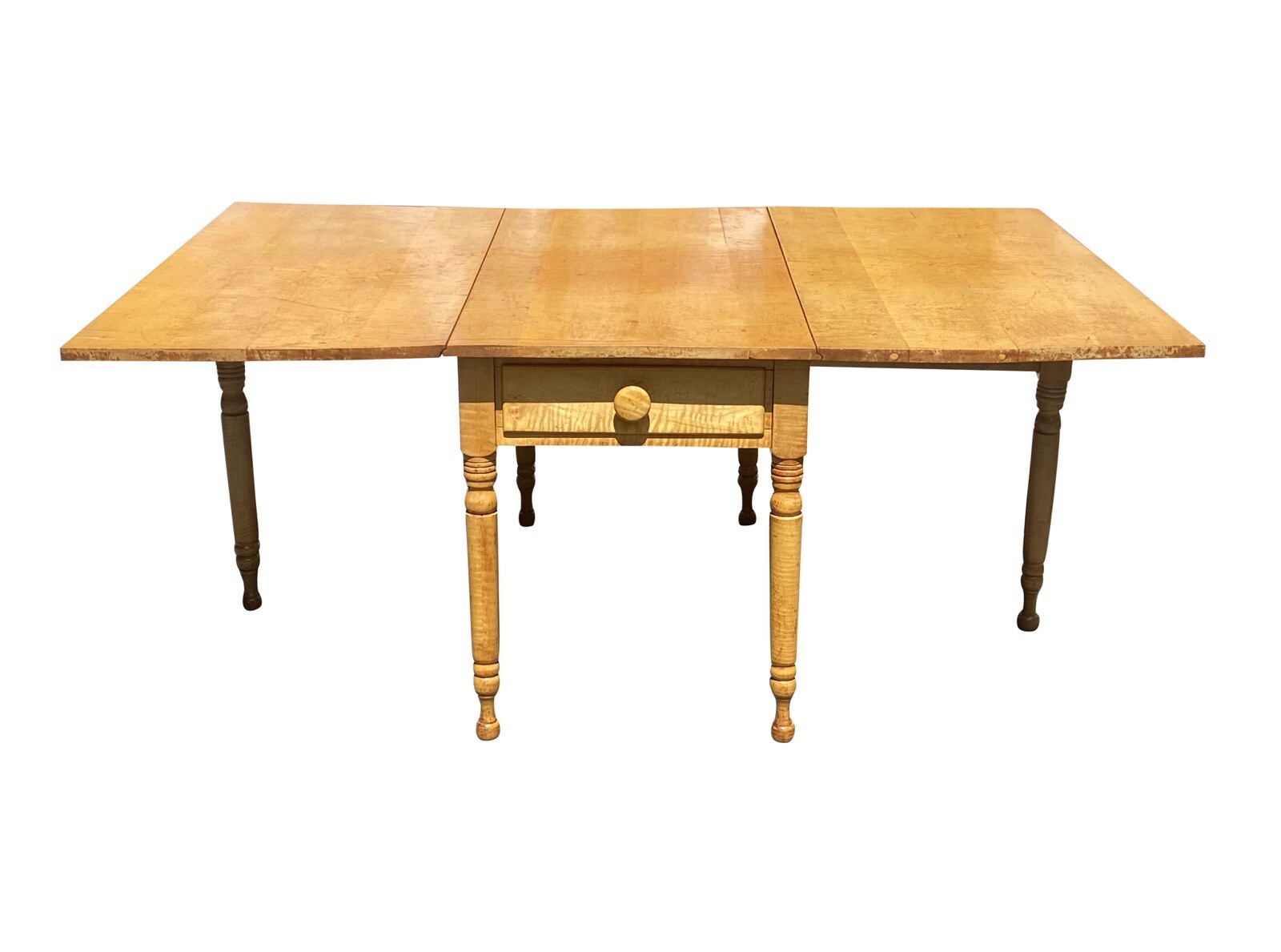 FEDERAL STYLE TIGER MAPLE GATELEG DINING TABLE WITH BOLD GRAIN AND LARGE DRAWER