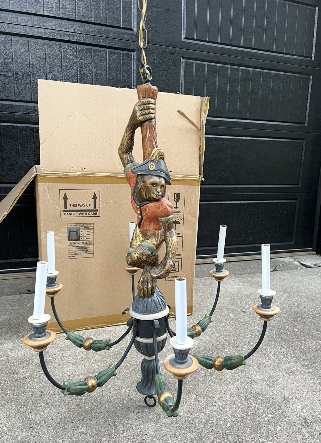 Vintage Italian 6 Candle Carved Wood Monkey Chandelier Light Fixture