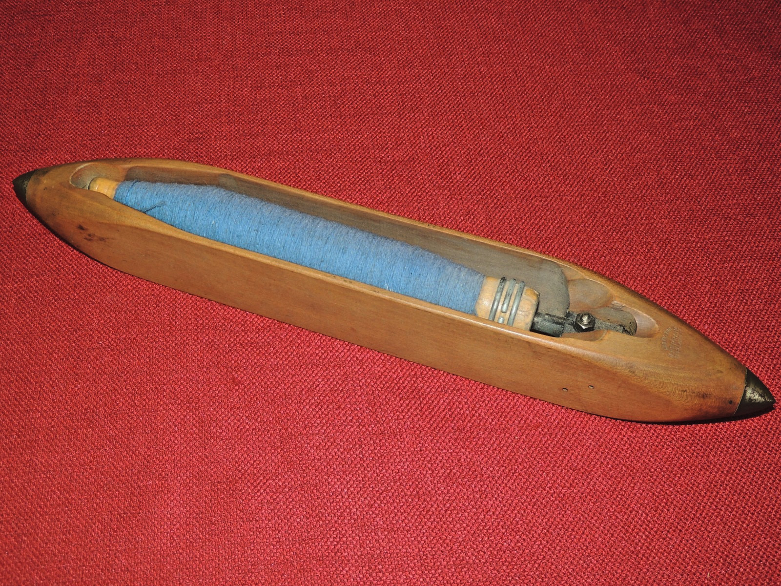 Vintage Primitive Industrial Wooden Shuttle Weaving Loom w/ Thread, Signed
