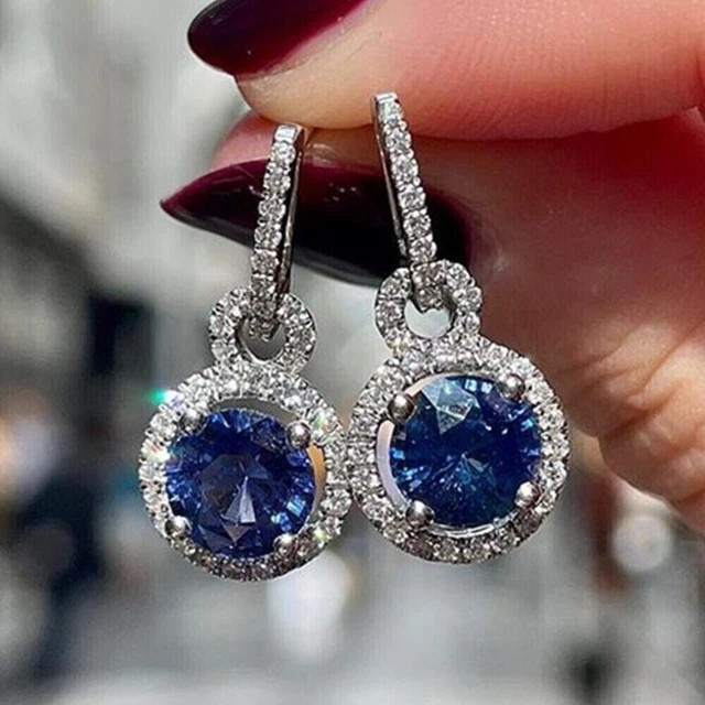 Round Cut Sapphire & Lab Created Diamond Wedding 14Ct White Gold Finish Earrings