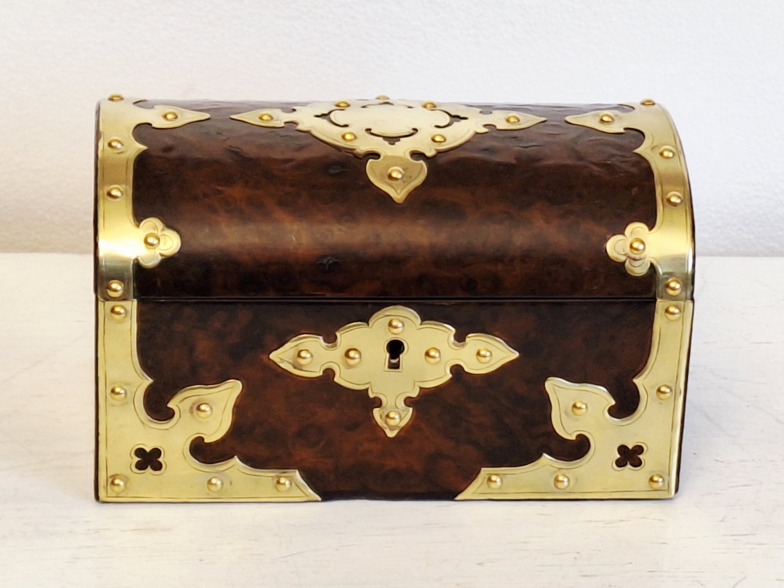Antique Walnut Dome Top Trinkets/keepsake Box, Brass Mounts, Key,1870’s
