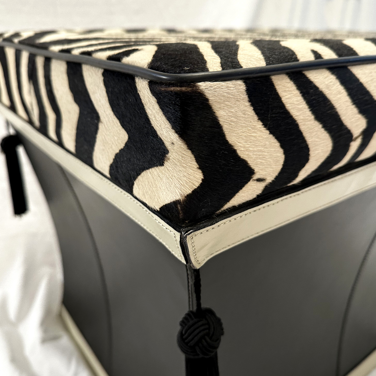 Zebra Hide Bench Stool with Storage Trunk and Tassels, circa 1980s 1990s