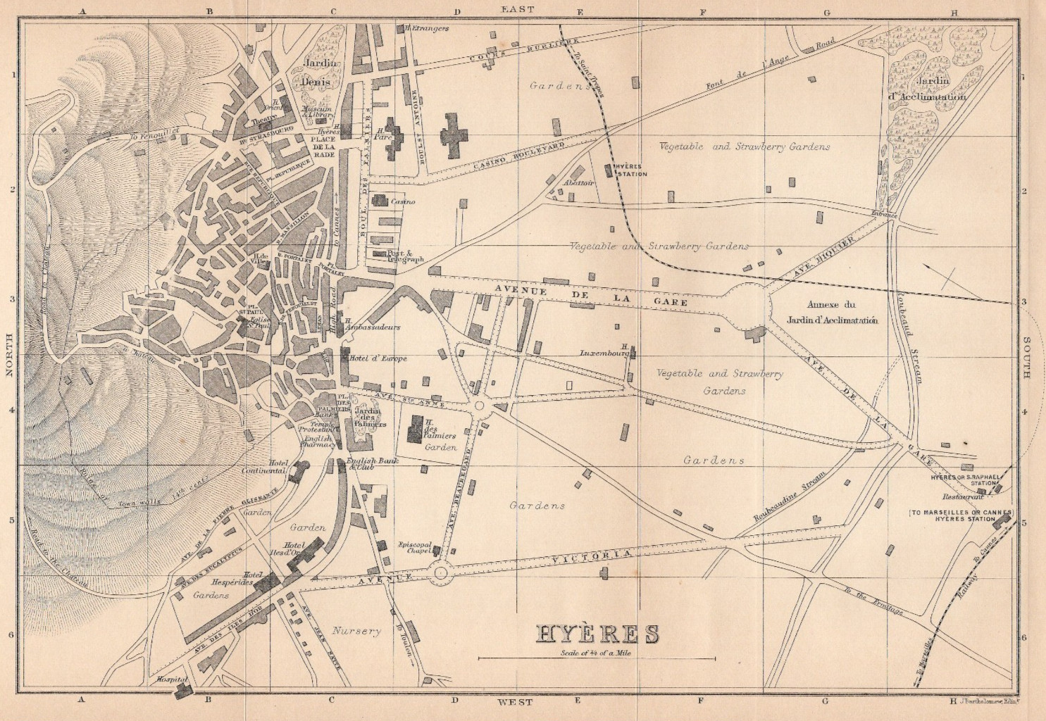 Hyères France City Plan Antique Map 1900 J Bartholomew Riviera Coast