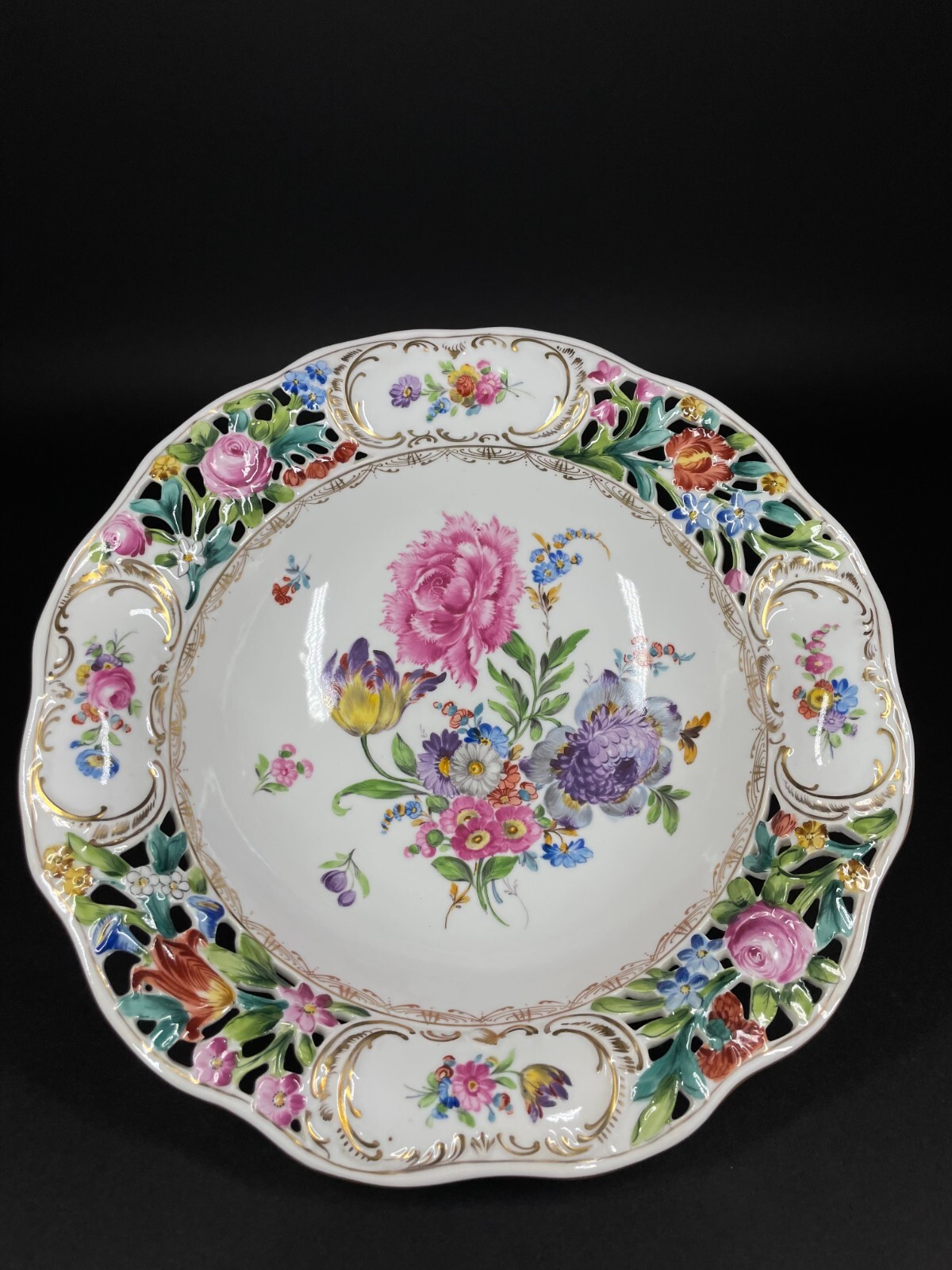 Carl Thieme Dresden Large Footed Painted Floral Reticulated Centerpiece Bowl