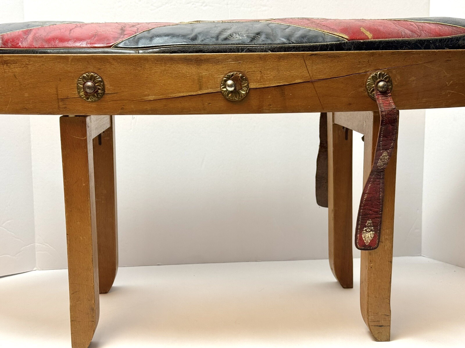 Vtg MCM Black Red Camel Saddle Carved Wood Foot Stool Ottoman Egyptian Decor 31”