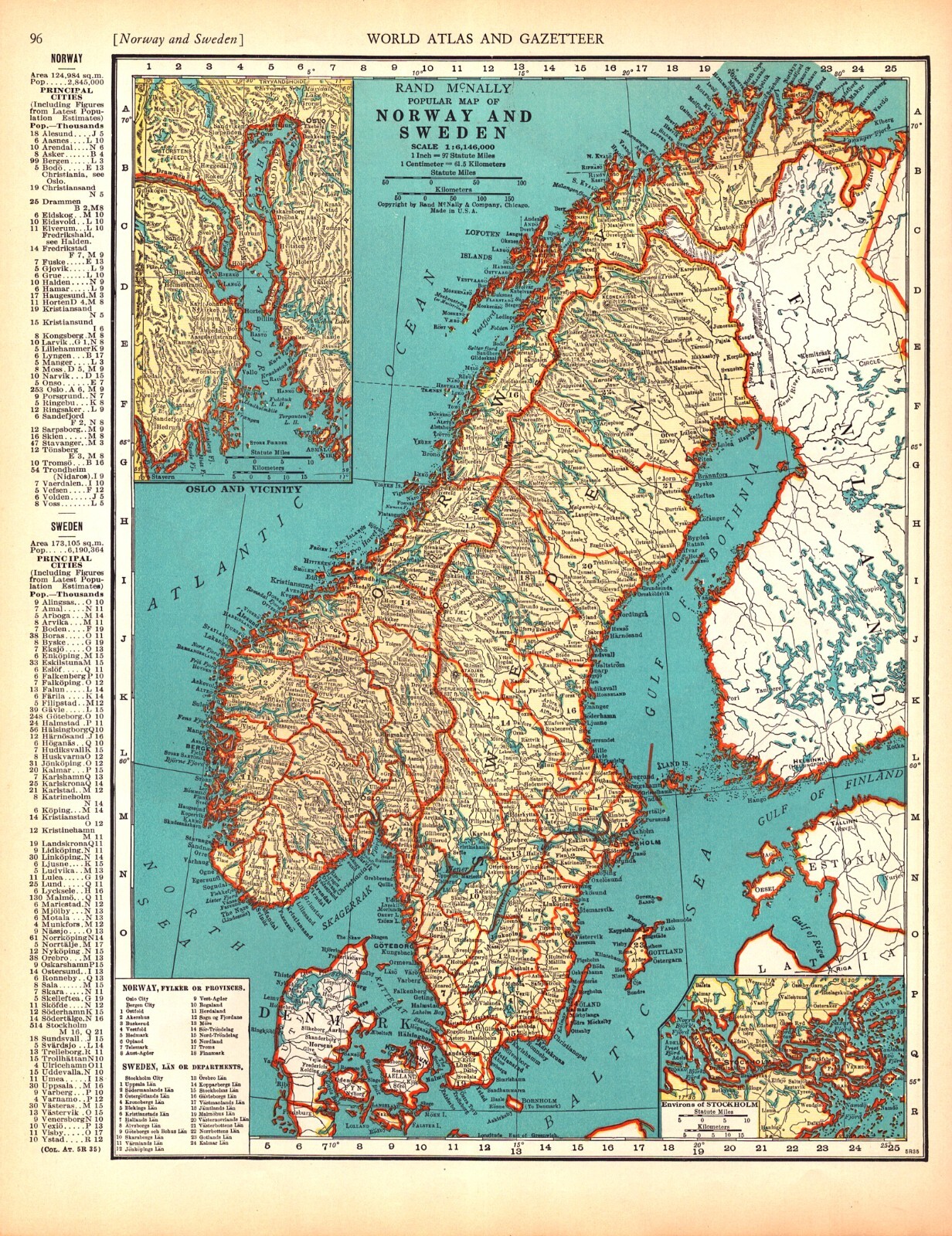 NORWAY-SWEDEN, CENTRAL EUROPE Antique original map 1936