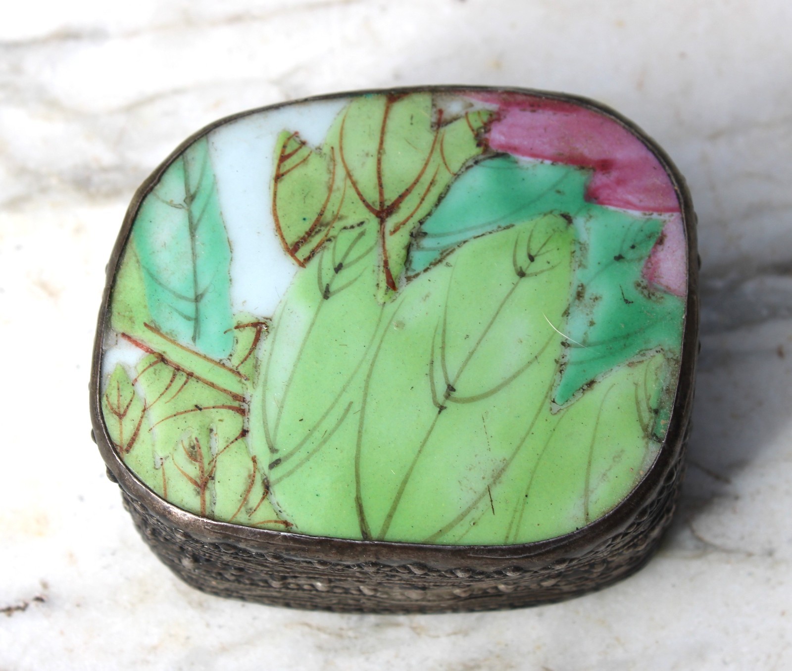 Vintage Chinese Porcelain Shard Box Floral ~ Silver Metal Trinket Ring Box