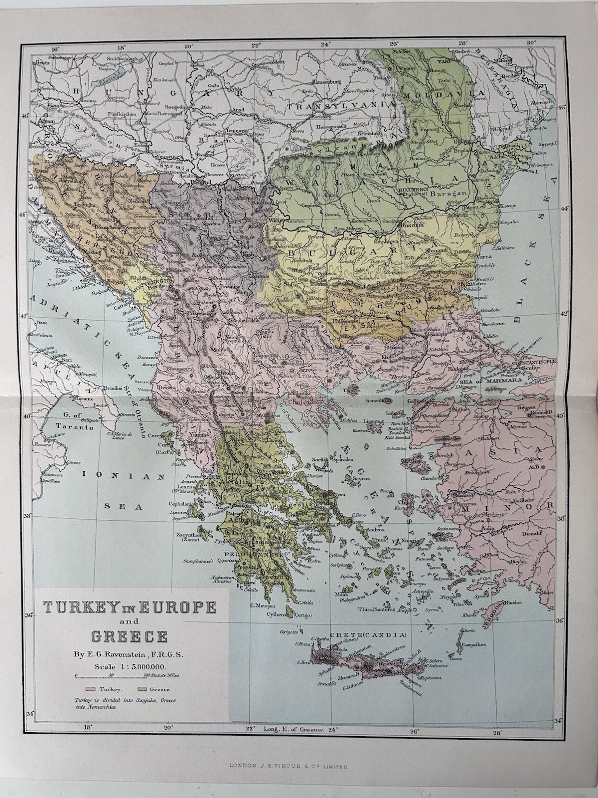 1876 The Balkans Turkey In Europe Greece Original Antique Map