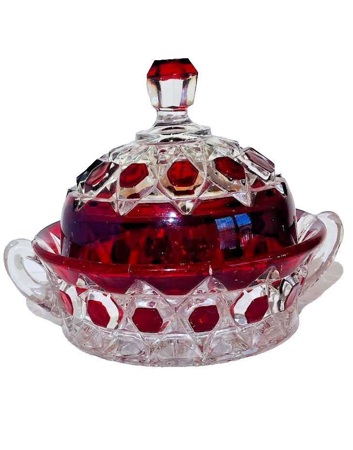 EAPG CLEAR with ruby stain BRYCE “RED BLOCK” COVERED BUTTER DISH 1890’s Doyal Co