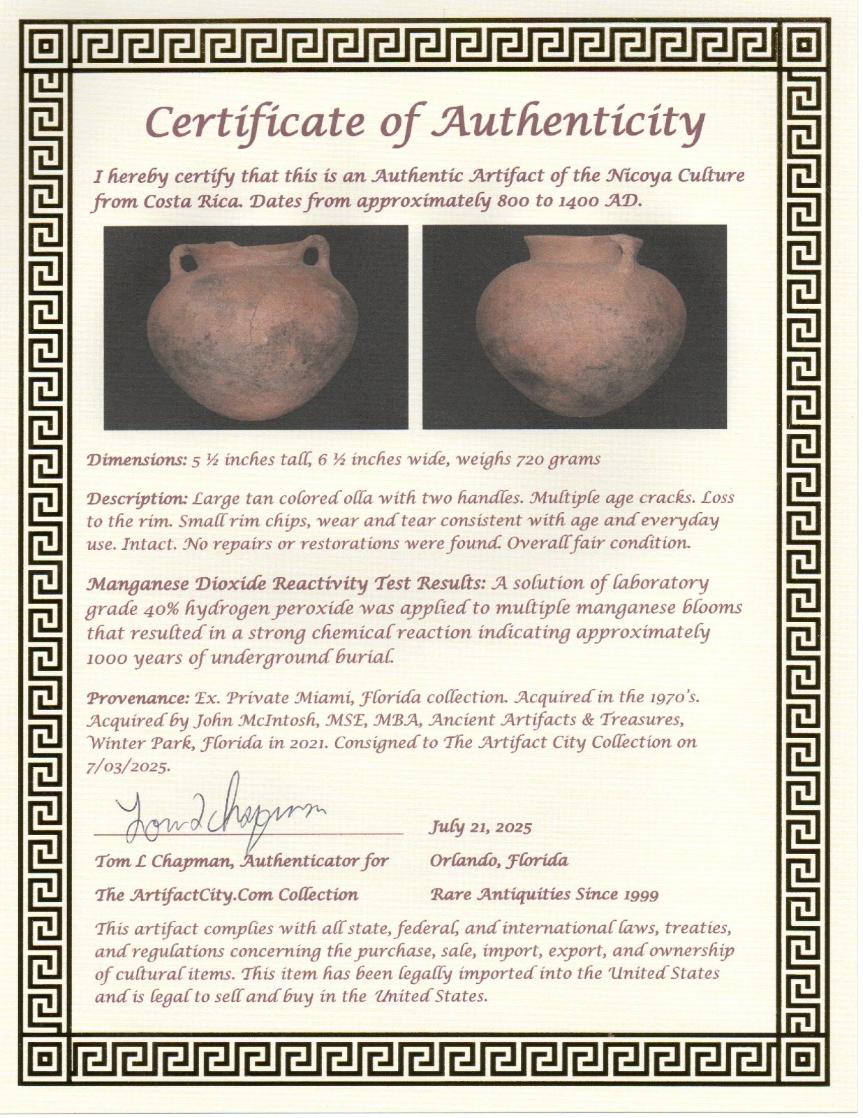 Pre Columbian Authentic Artifact Large Olla Nicoya Costa Rica 800-1400AD COA J70
