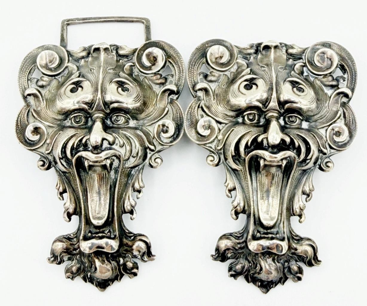 William B Kerr Sterling Silver Art Nouveau Green Man Devil Buckle 4 1/2 x 1 1/2″