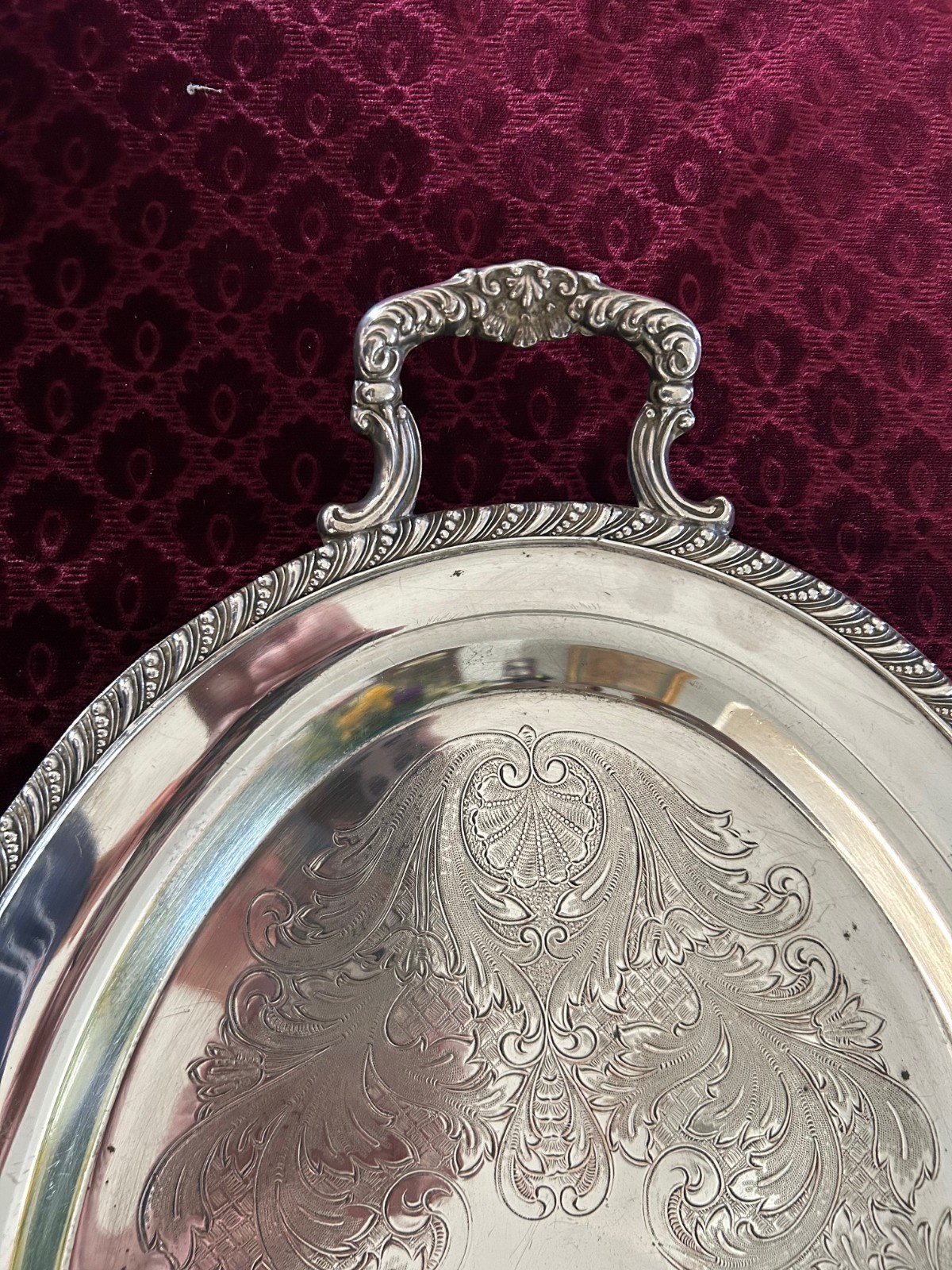 F.B. ROGERS 1883 Silver Plated Serving Tray Etched Design Raised Oval EXC- #6718