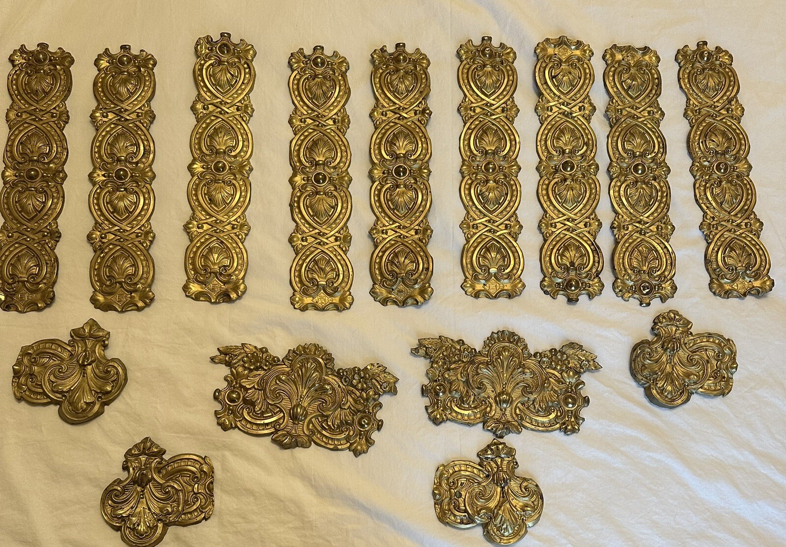 19 Antique Gilded Bronze/brass Signed stamped decor plaques. Great art project !