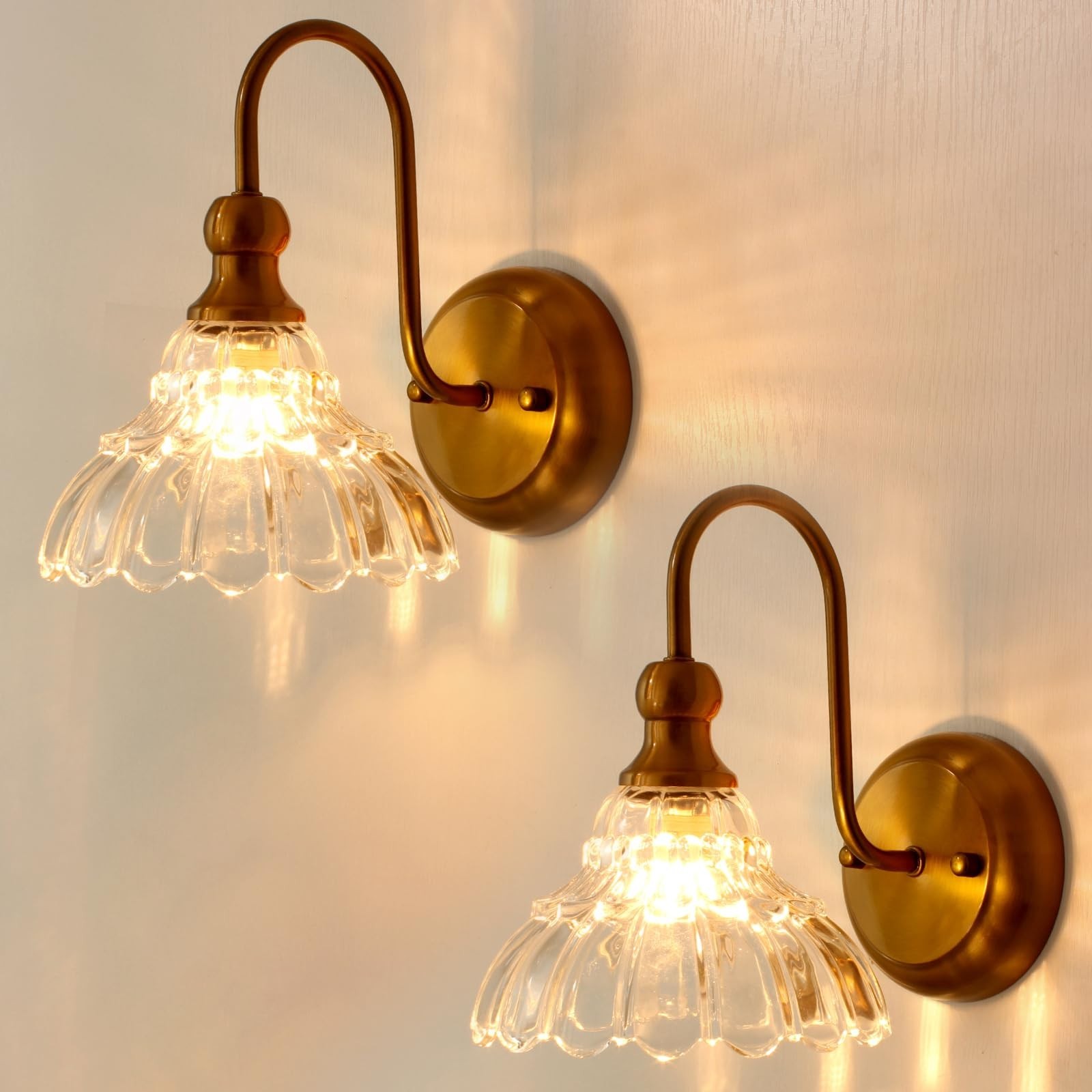 Vintage Wall Sconce Set of 2 – Glass Shade Brass Gold Lighting Fixtures for Bath