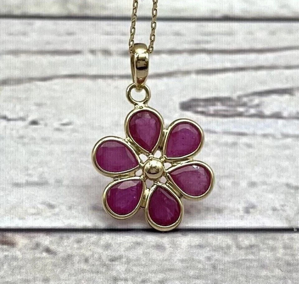 2.22Ct Pear Cut Lab Created Red Ruby Flower Pendant 14K Yellow Gold Plated 18′