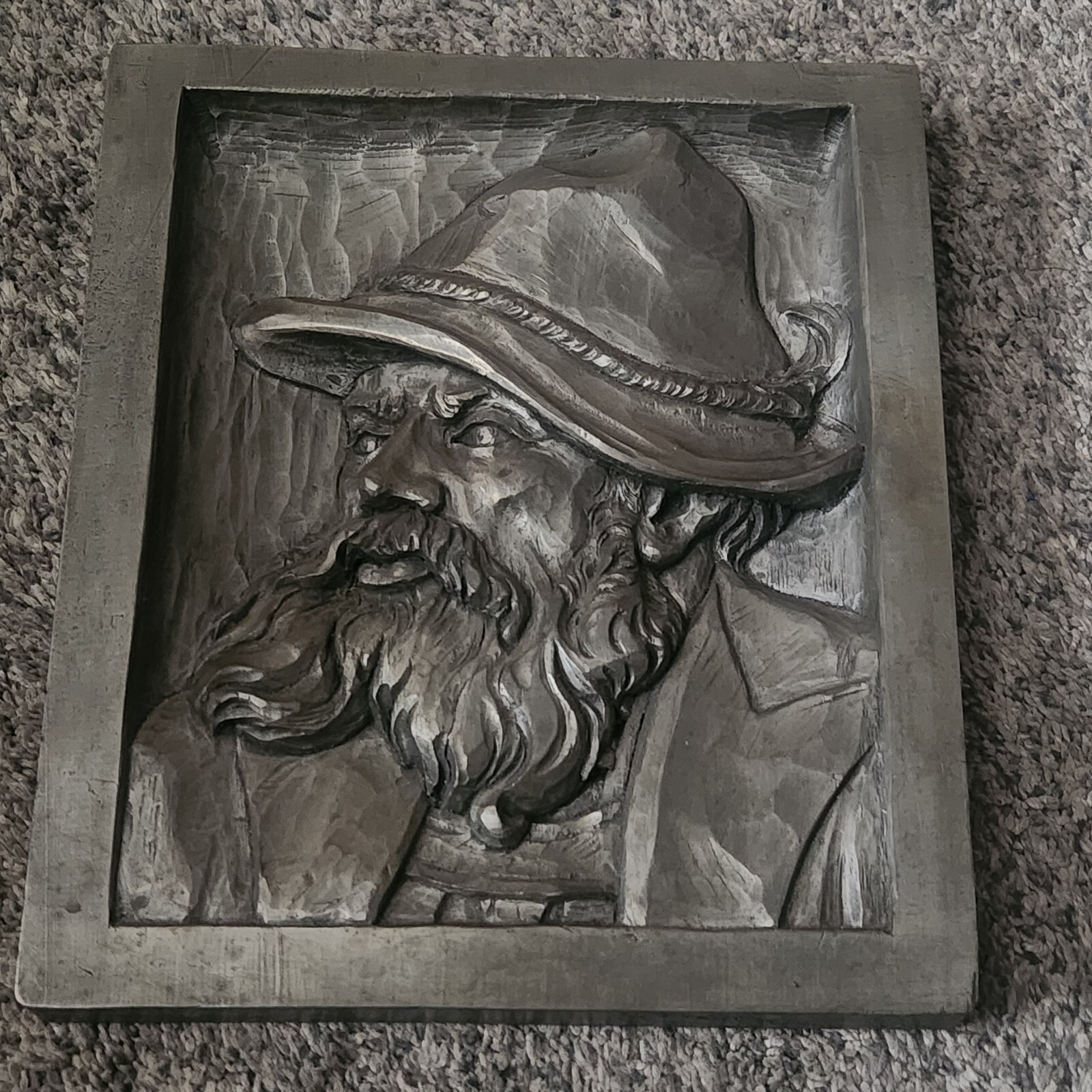 Heavy Carved Sculpture Plaque Metal? Resin? Stamped 10-3/4″ X 9-1/8″ X 1″