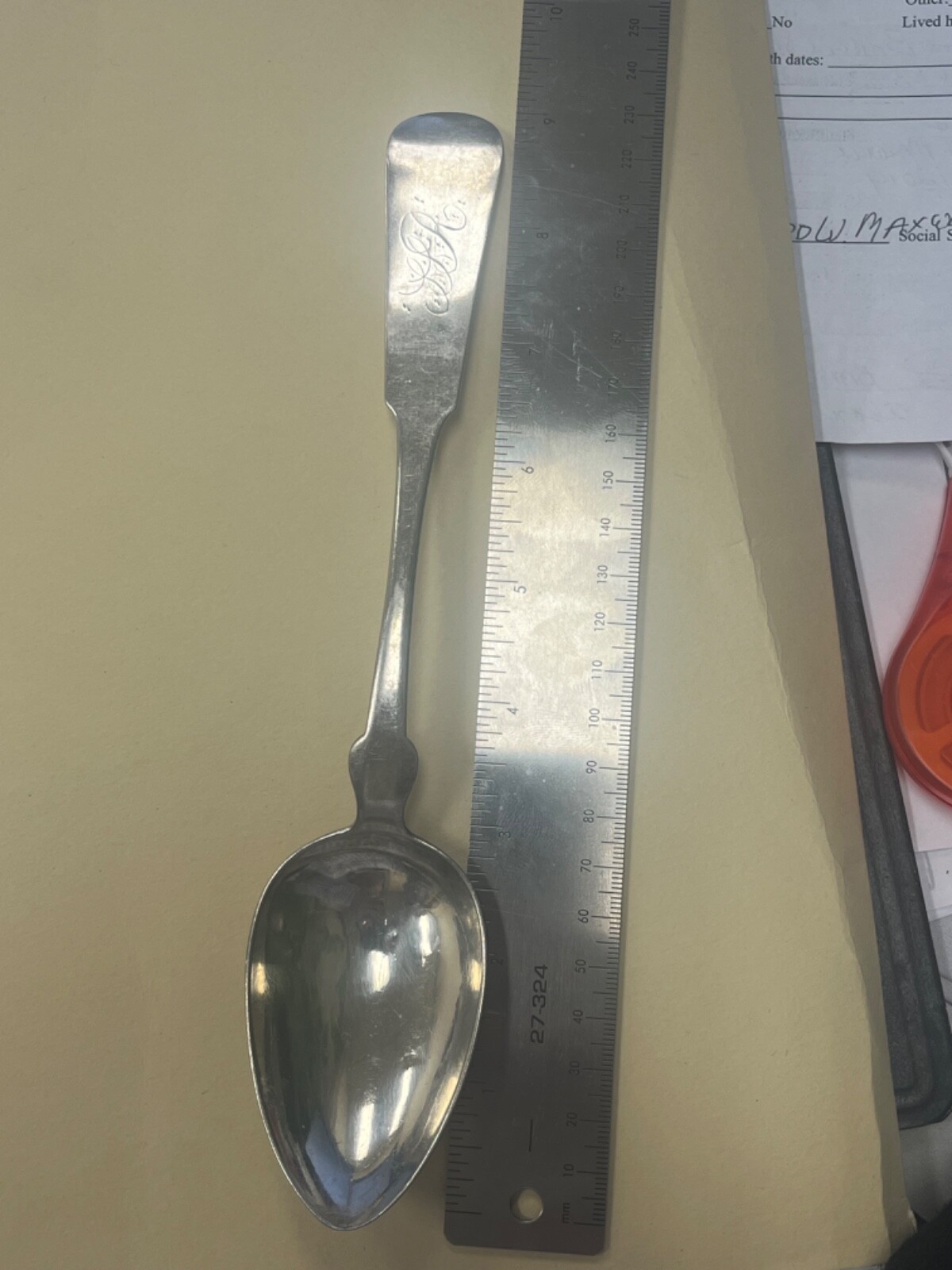 c.1820 Newport Providence RI Samuel Mumford coin silver table serving spoon 9”