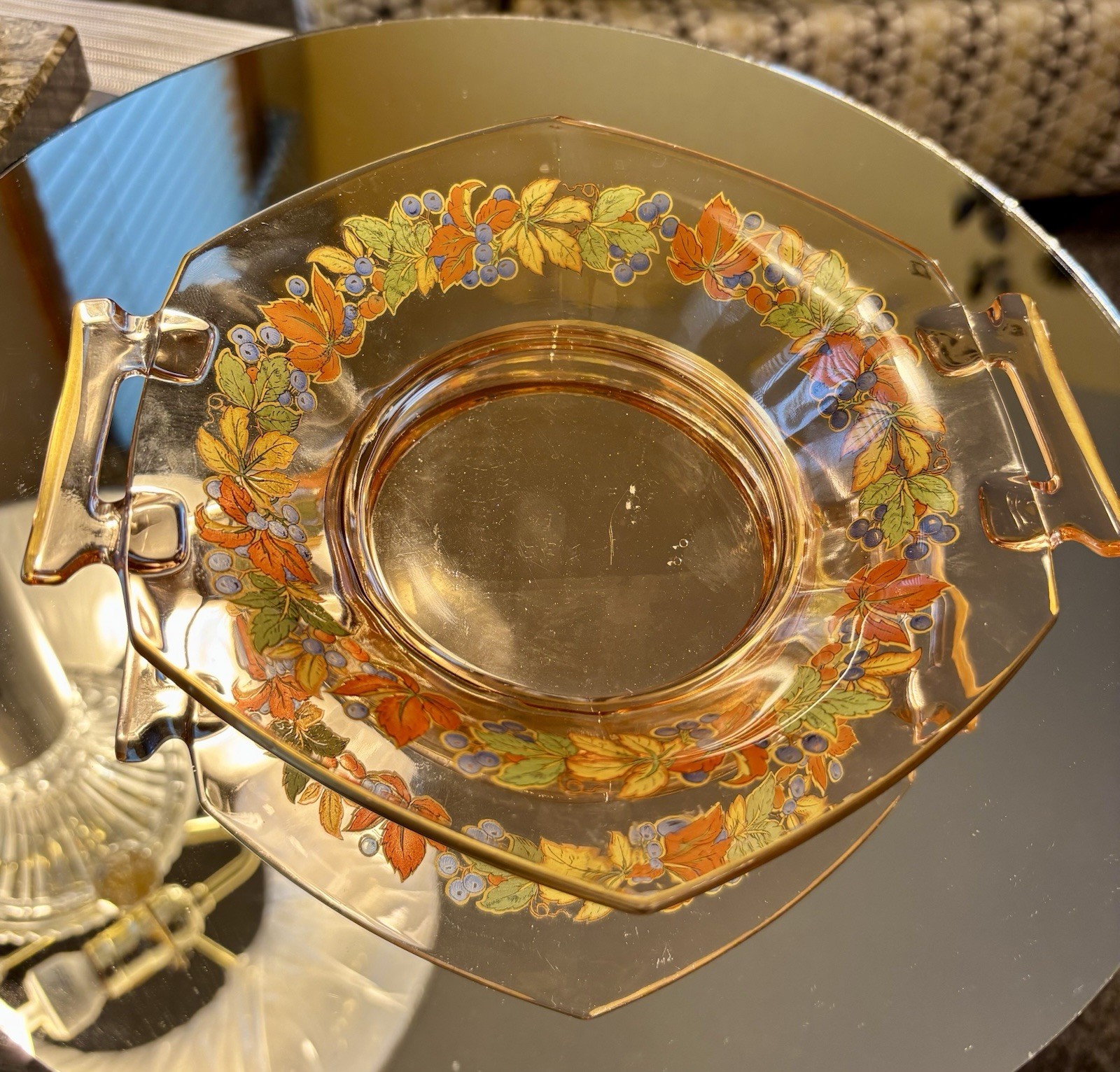 1920 Imperial Glass Depres.Relish Bowl. “Nuart”pattern Gold Trim, Soft Pink Hue