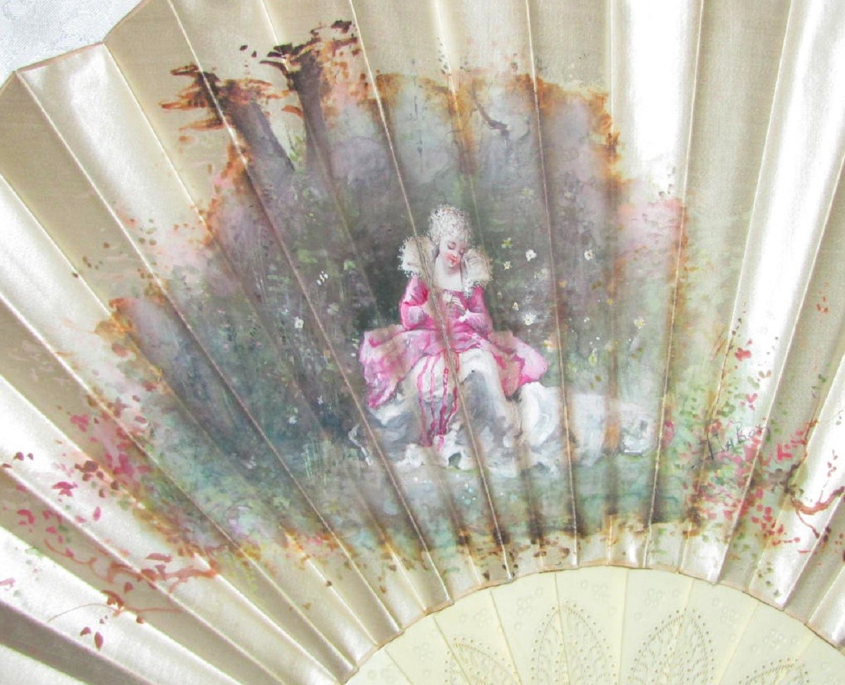 Antique Victorian Fan Hand Painted Satin Leaf Bone Sticks 1880’s