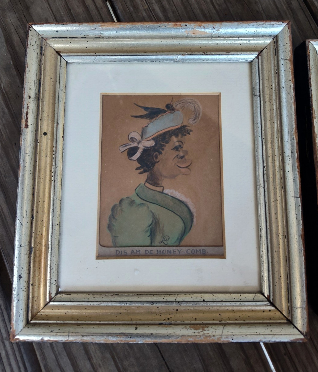 Pastel & Ink Primitive Folk Art Painting of a Well-Dressed Young Woman