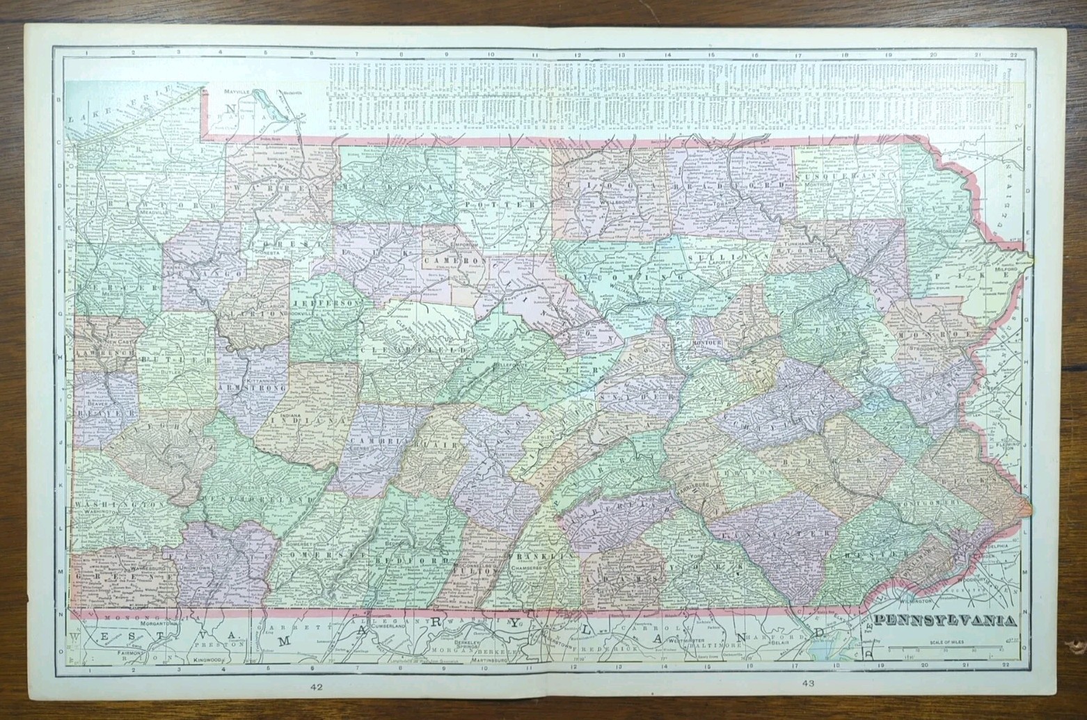 Vintage 1901 PENNSYLVANIA Map 14″x22″ Old Antique Original GETTYSBURG PITTSBURG