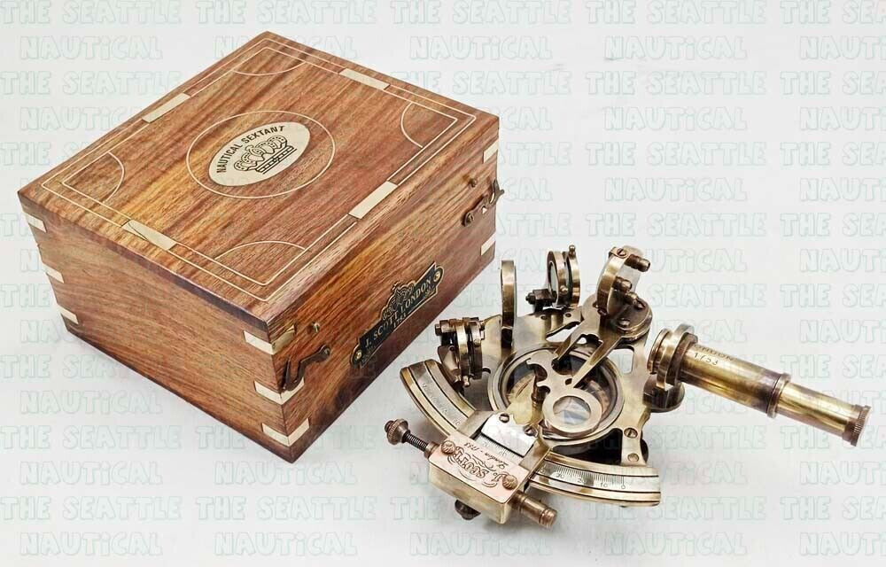 Engraved 5″Brass J. Scott London Navigation Sextant Compass Wooden Box Handmade