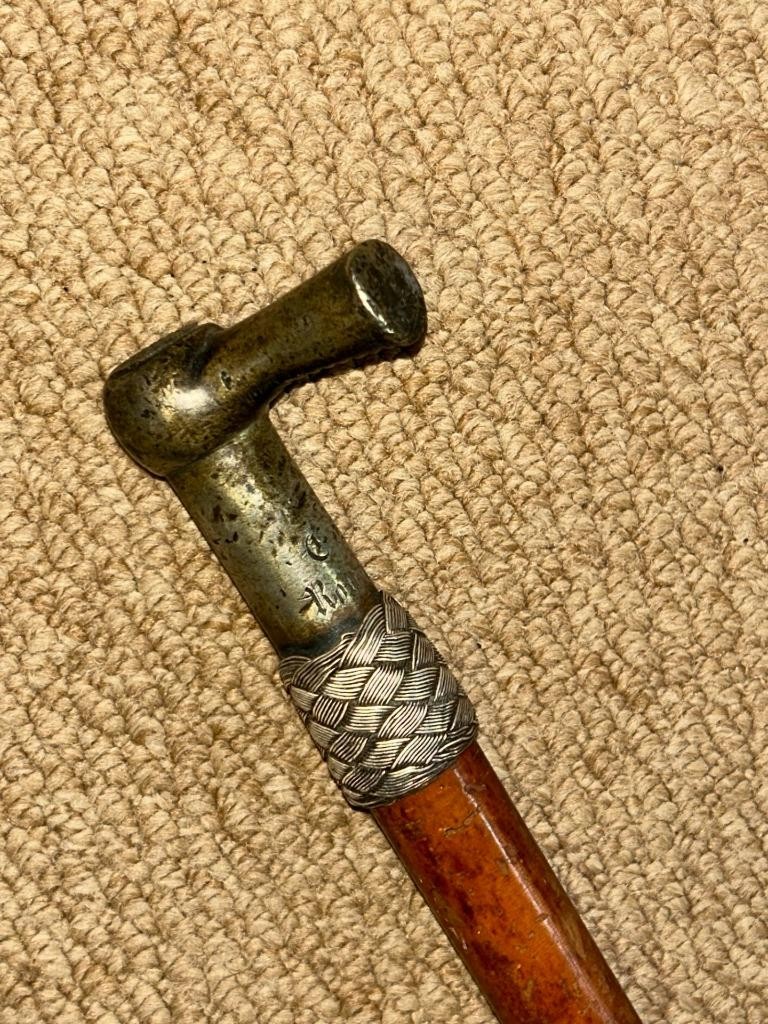 Antique Malacca Walking Stick Steel Hammerhead Top & Plaited Silver Wire Collar