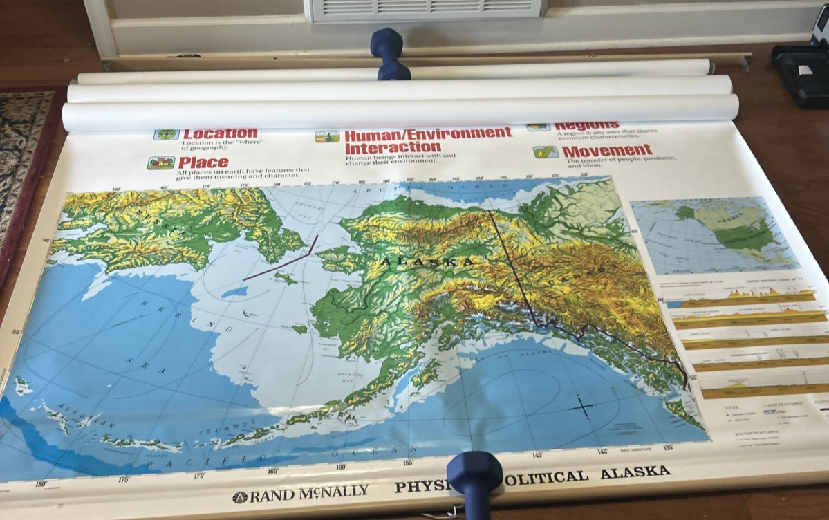 Vintage Rand McNally Pull Down 3 Maps Primary Political World USA AK/HI 58″x72″