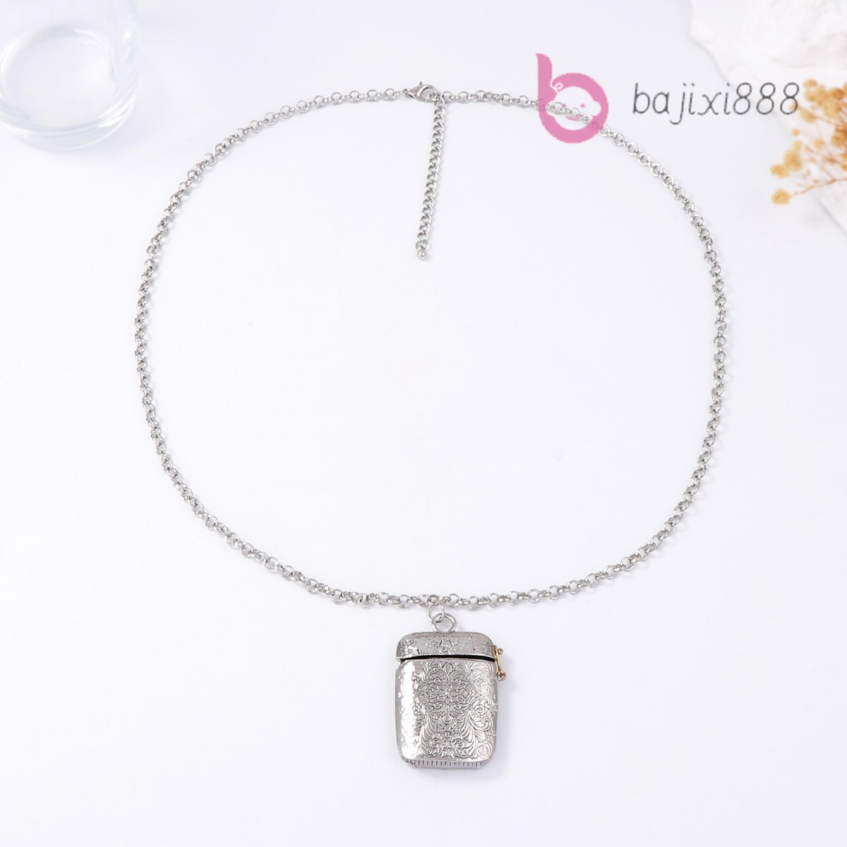 Metal Alloy Carving Texture Square Box Pendant Necklaces for Women Neck Jewelry