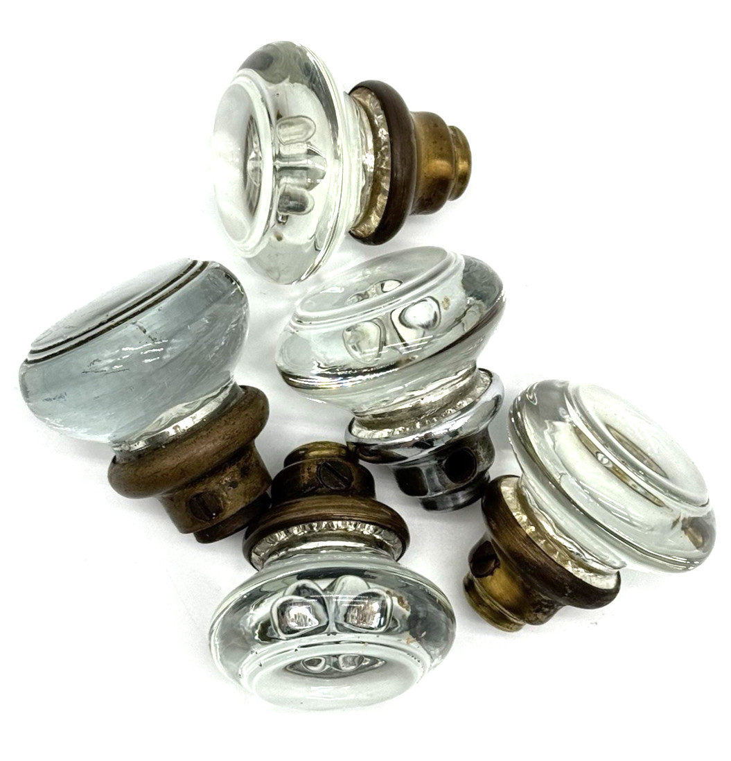 Vintage Round Glass Door Knobs Lot 5pc Antique Brass Chrome Collar Salvage Vtg