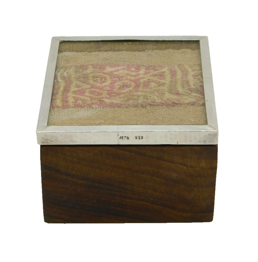Peruvian .950 Silver Mounted Wooden Box with Chancay Textile Top Vintage