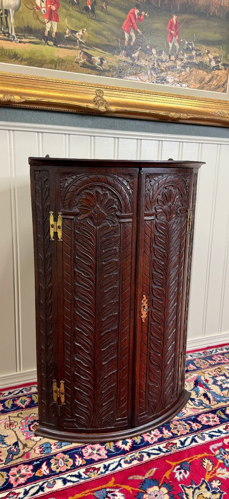 Antique English Corner Cabinet Carved Oak Hanging Wall Cabinet Storage 19C