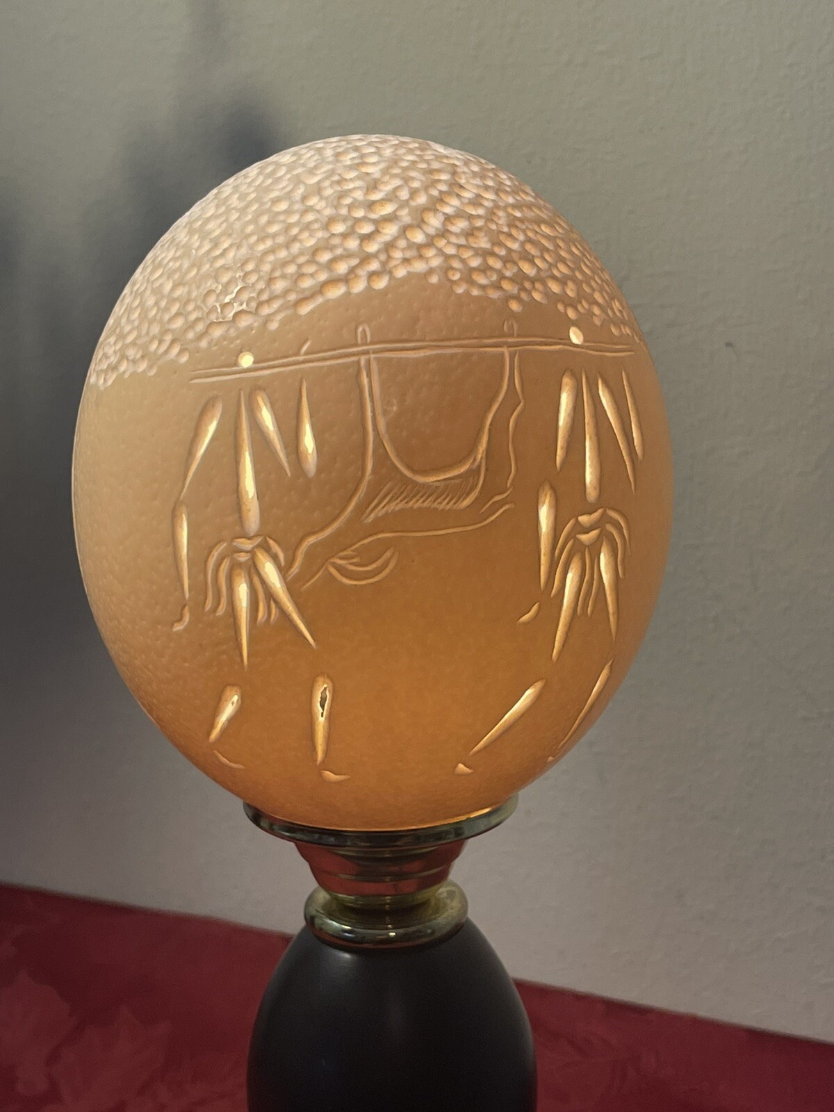 Cape Town South African Ostrich Egg Lamp – Carved and Etched – Light and Stand 
