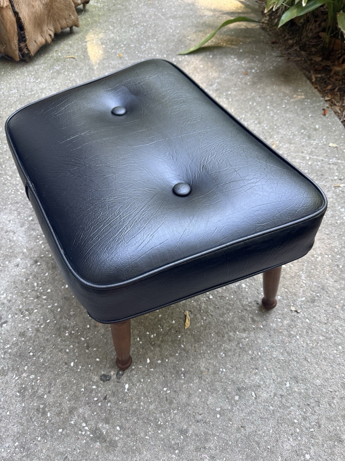 Vintage MCM Black Vinyl Button Trapezoid Ottoman Foot Stool Tapered Wood Legs