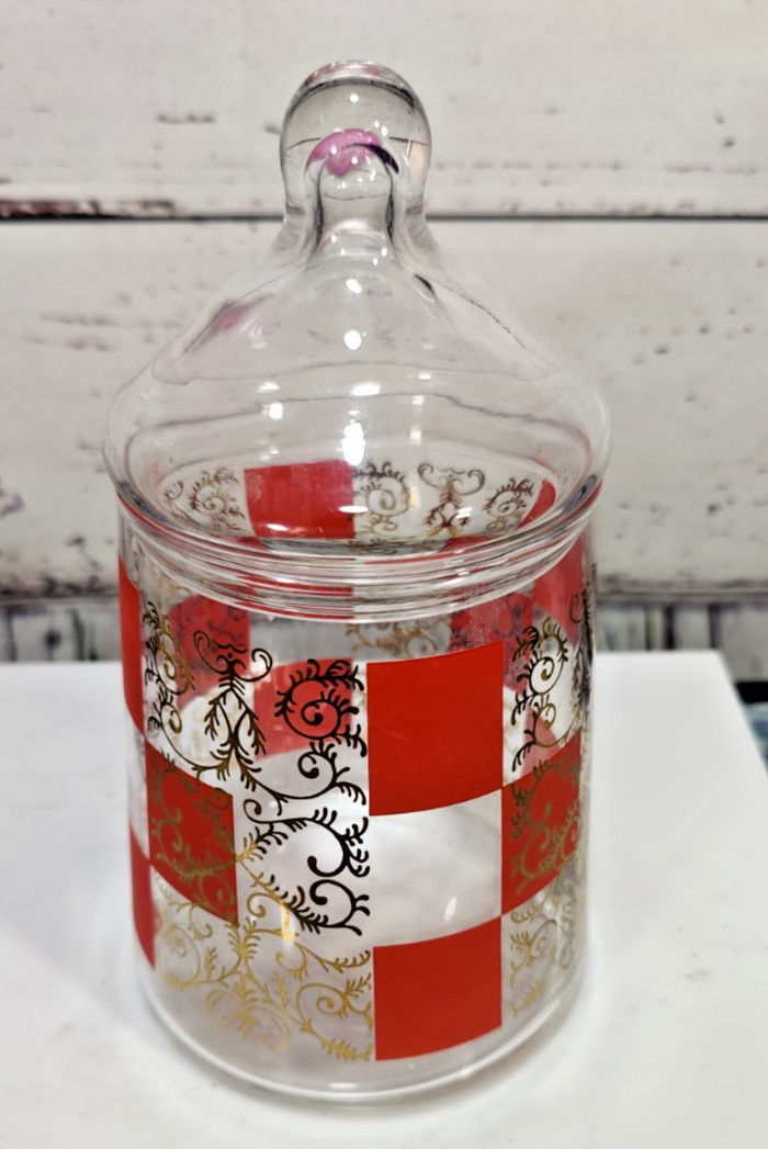 Vintage MCM Apothecary Jar Clear Glass Red Checkered Pattern with Gold Scroll