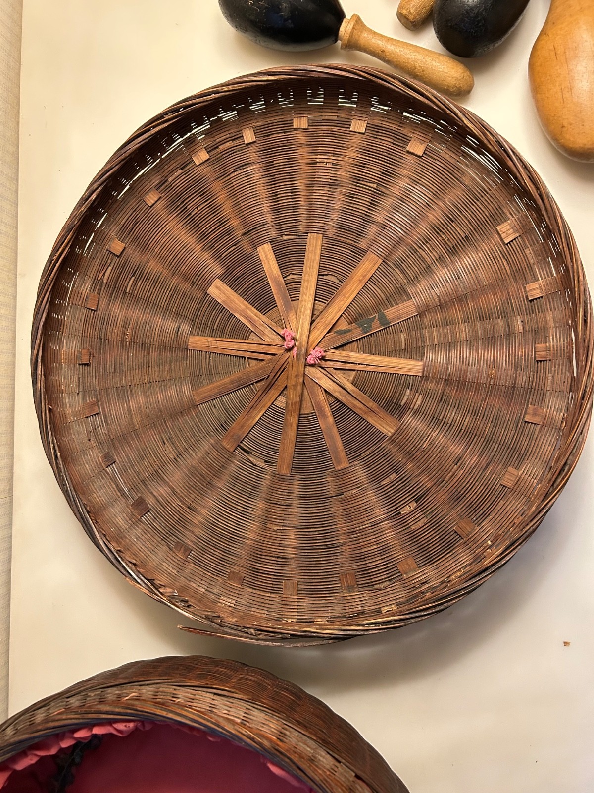 Vintage Round Lined Wicker Sewing Basket with Lid & 8 Wooden Sock Darners