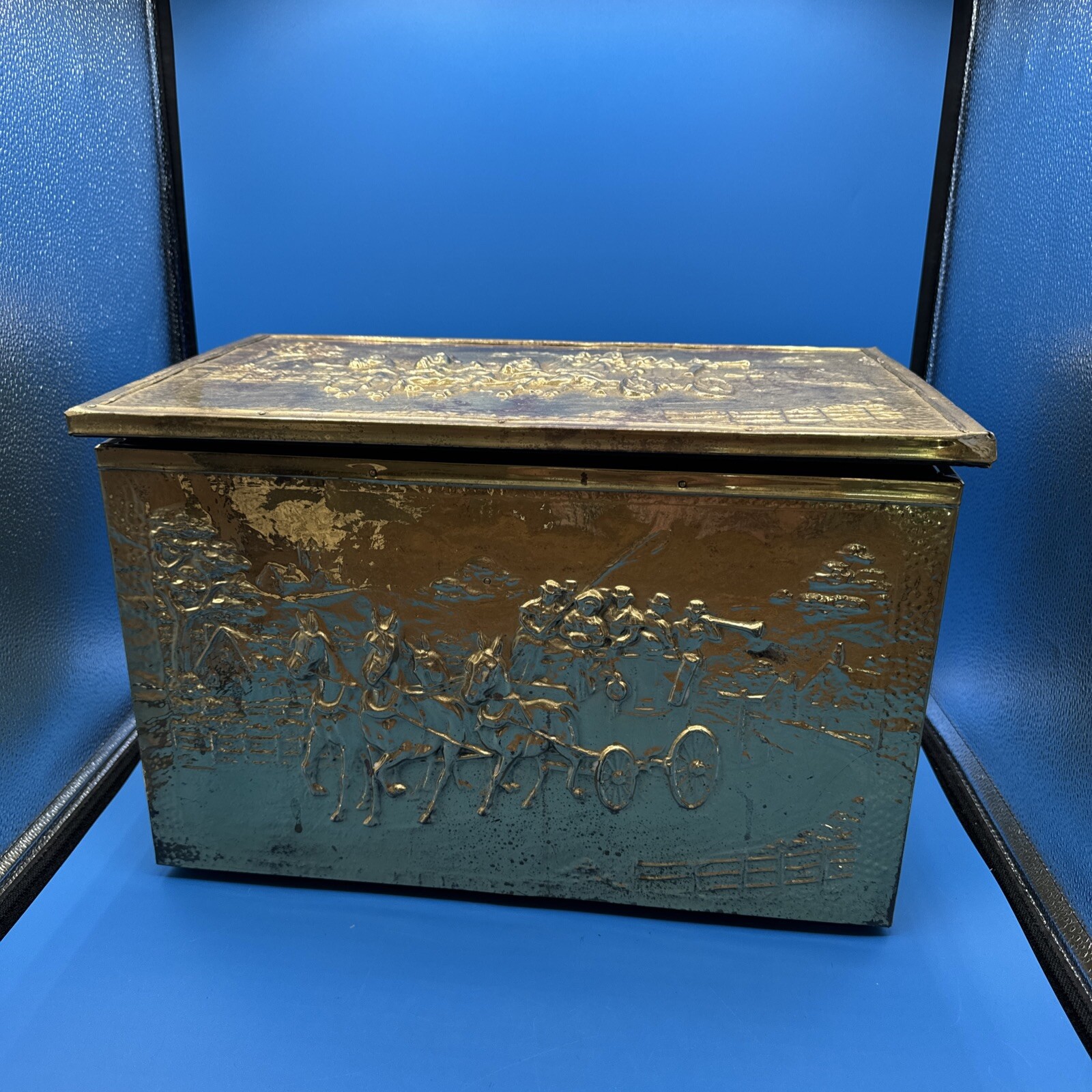 Vintage Brass Fireside Box, Brass Storage Chest, Horses Coach Carriage